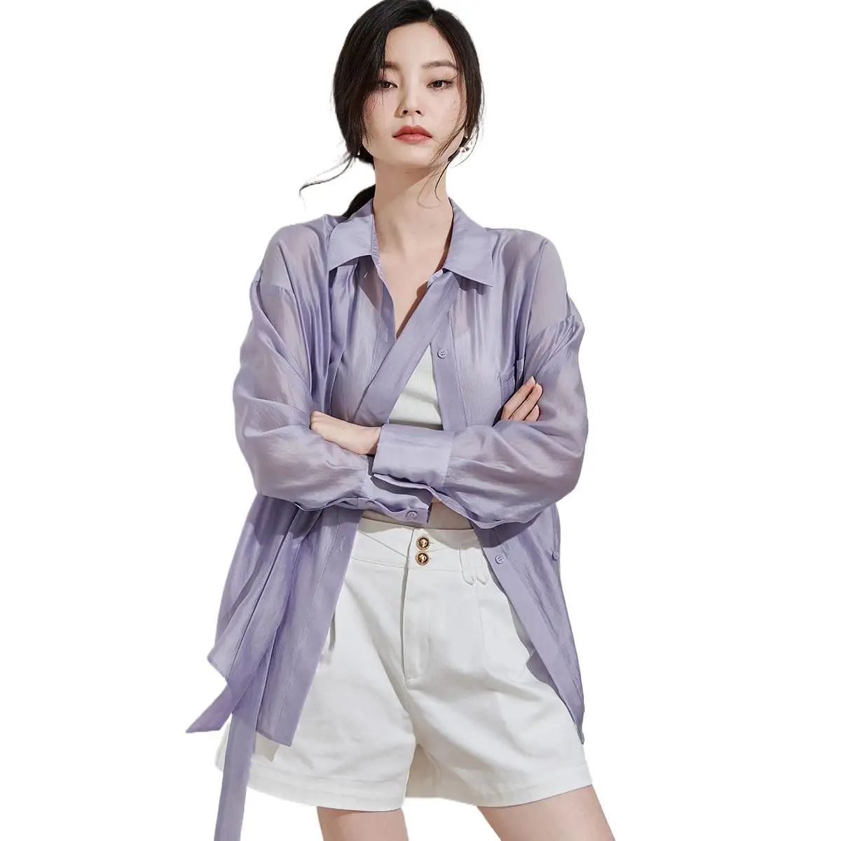 

Spring Summer Women New Rayon Turn-down Collae Shirts Long Sleeves Streetwear Lightweight Loose Fit Versatile Casual Outwear