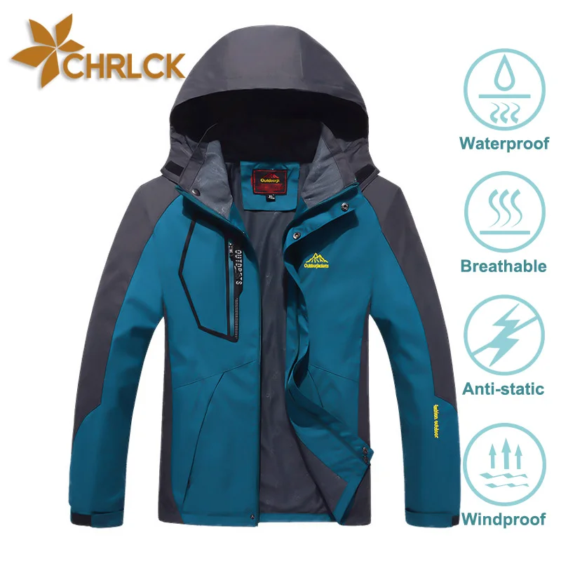 CHRLCK Men's Waterproof Hiking Jacket Large Size Windproof Windbreaker Camping Hunting Running Trekking Fishing Fleece Coat Men