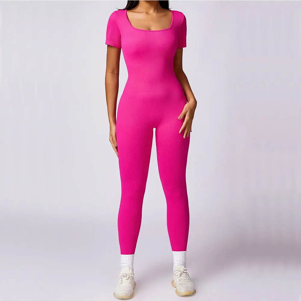 Women's Yoga Set Jumpsuits One-Piece Suit Ribbed Short Sleeve Gym Push Up Workout Clothes Fitness Bodysuit Sportswear Tracksuit