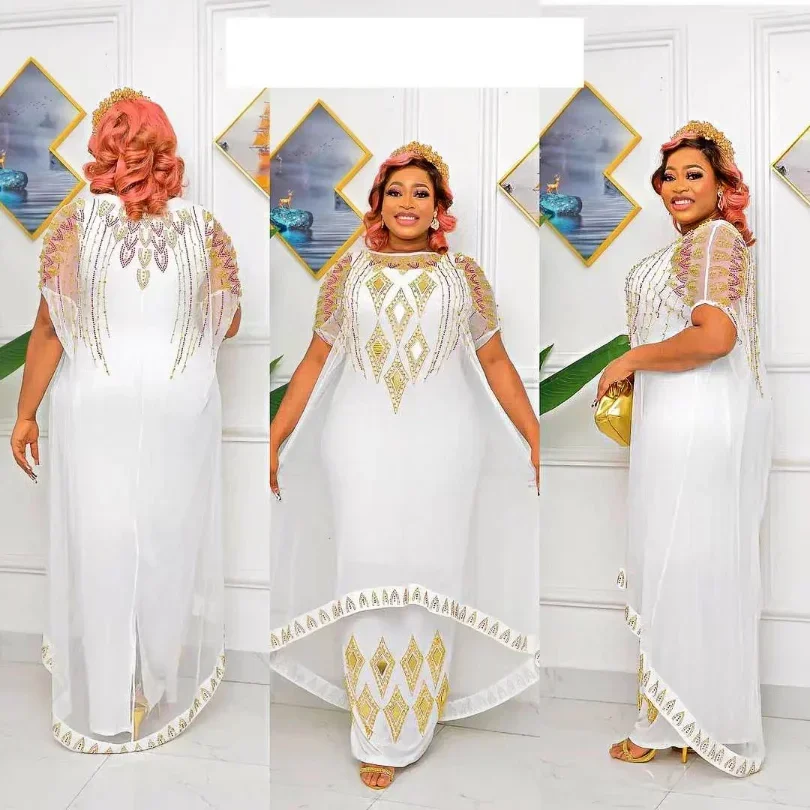 

African Dresses For Women Short Sleeve Turkey Diamonds Evening Wedding Party Floor Length Dress Muslim Africa Clothes 2025