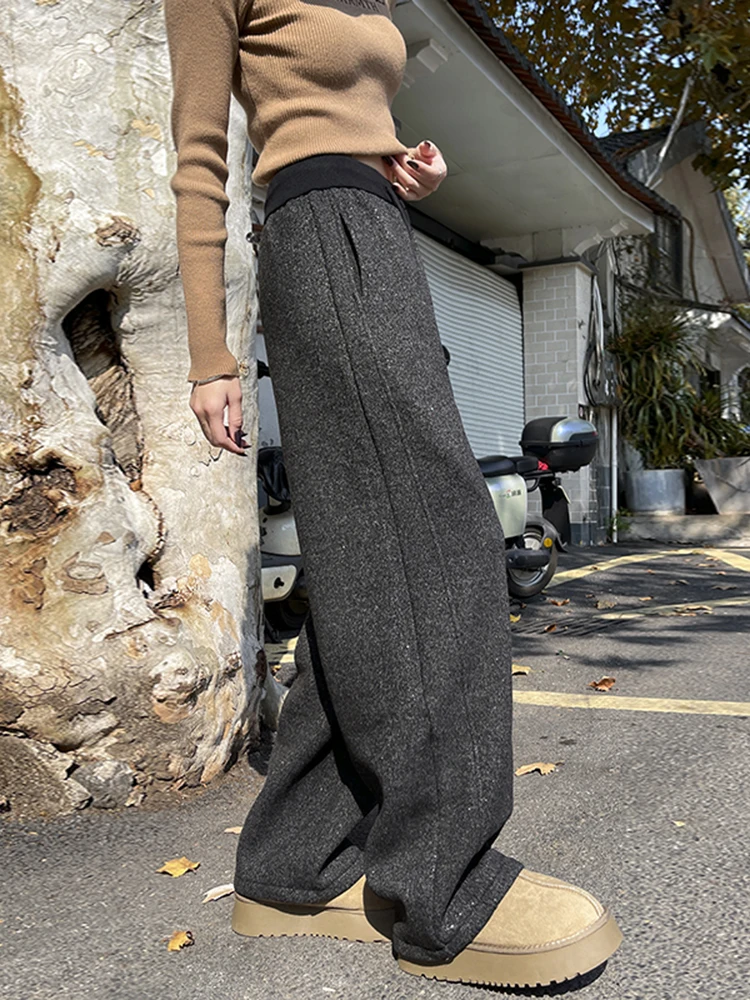 กางเกงขายาวเอวสูงทรงหลวมบุซับในสำหรับผู้หญิง กางเกงลำลองผ้าทิ้นเนื้อนุ่มใส่สบายสำหรับฤดูใบไม้ร่วงและฤดูหนาว