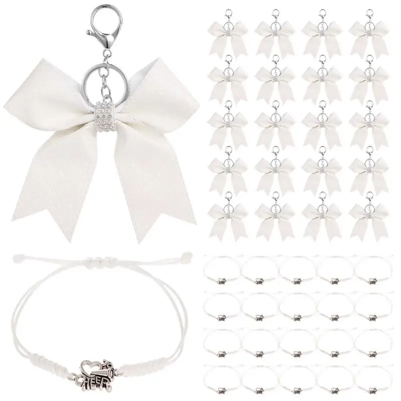 

40PCS Bow Keychains Adjustable Cheer Bracelets Set Exquisite For Teen Friends Sports Accessories Bow Knot Pearl Keychain Pendant