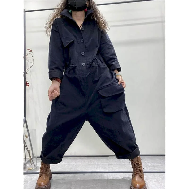 Solid Jumpsuits for Women 2026 Autumn Long Sleeve Lapel Loose Straight Pants Casual Workwear Korean Style Vintage Playsuits