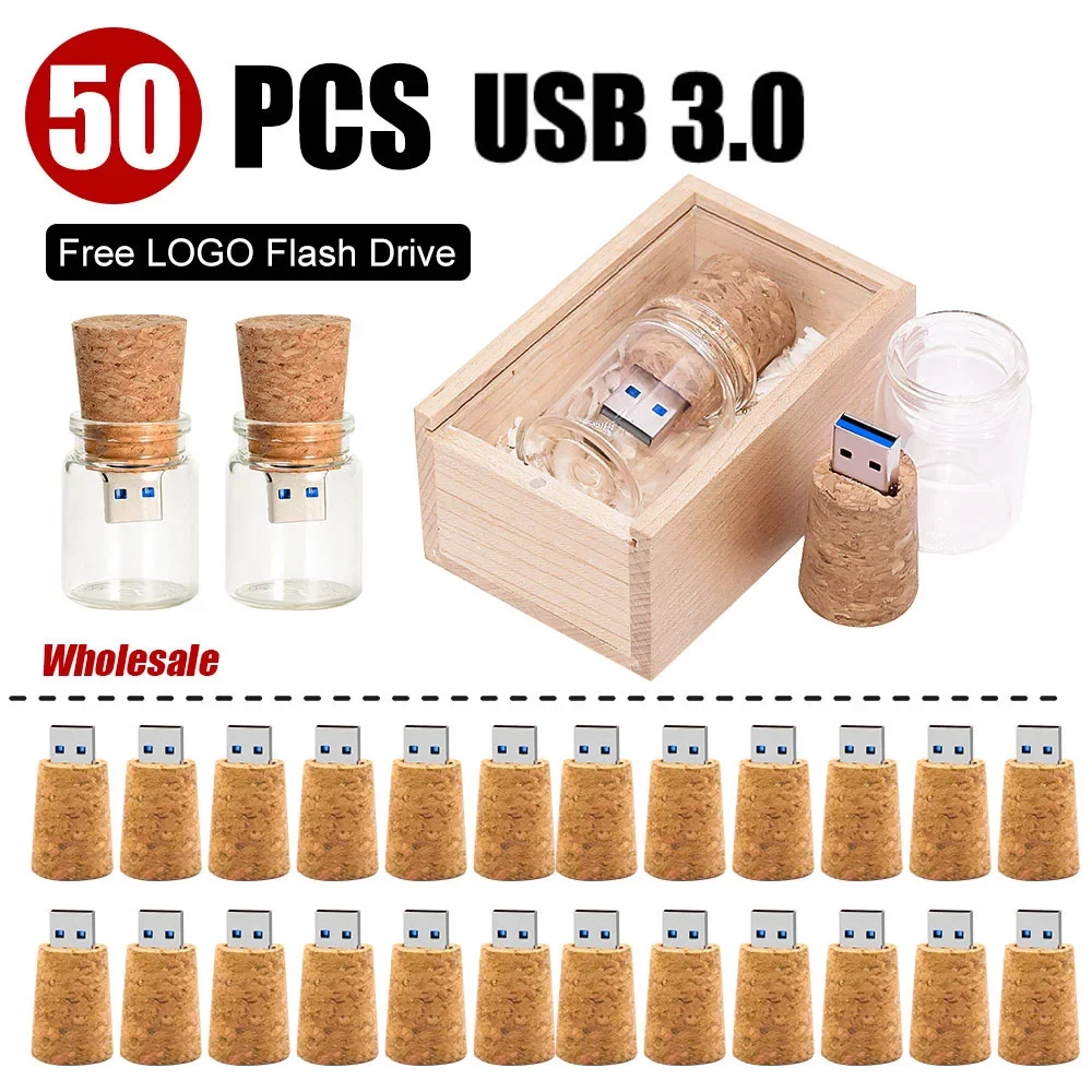 50PCS/LOT Glass Drift Bottle With Cork USB 3.0 Flash Drive Transparent Pendrive 8GB 16GB 32GB 64GB 128GB Fashion Current Gift