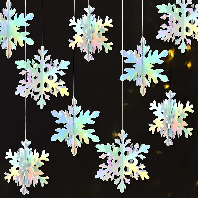 6-teilige schillernde 3D-Schneeflocken-Hängeornamente – mehrfarbige Papierhandwerksdekorationen für Winter-, Weihnachts- und Neujahrsfeiern im Innenbereich, Winterdekorationen für den Innenbereich |