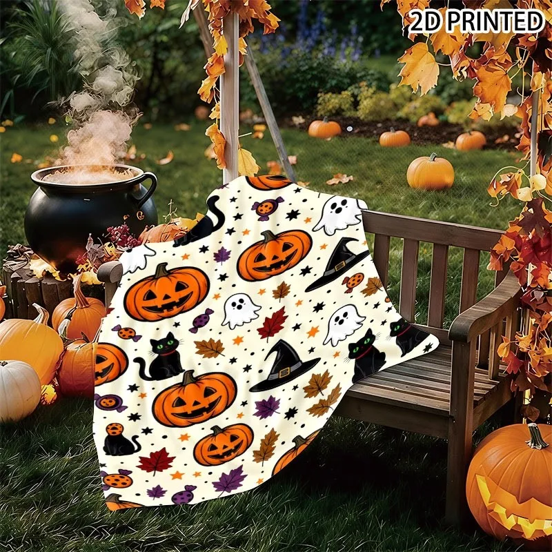 Playful Halloween Themed Throw Blanket, Whimsical Jack-o'-Lantern, Black Cat, & Autumn Leaf Pattern on Light Cream Background, M
