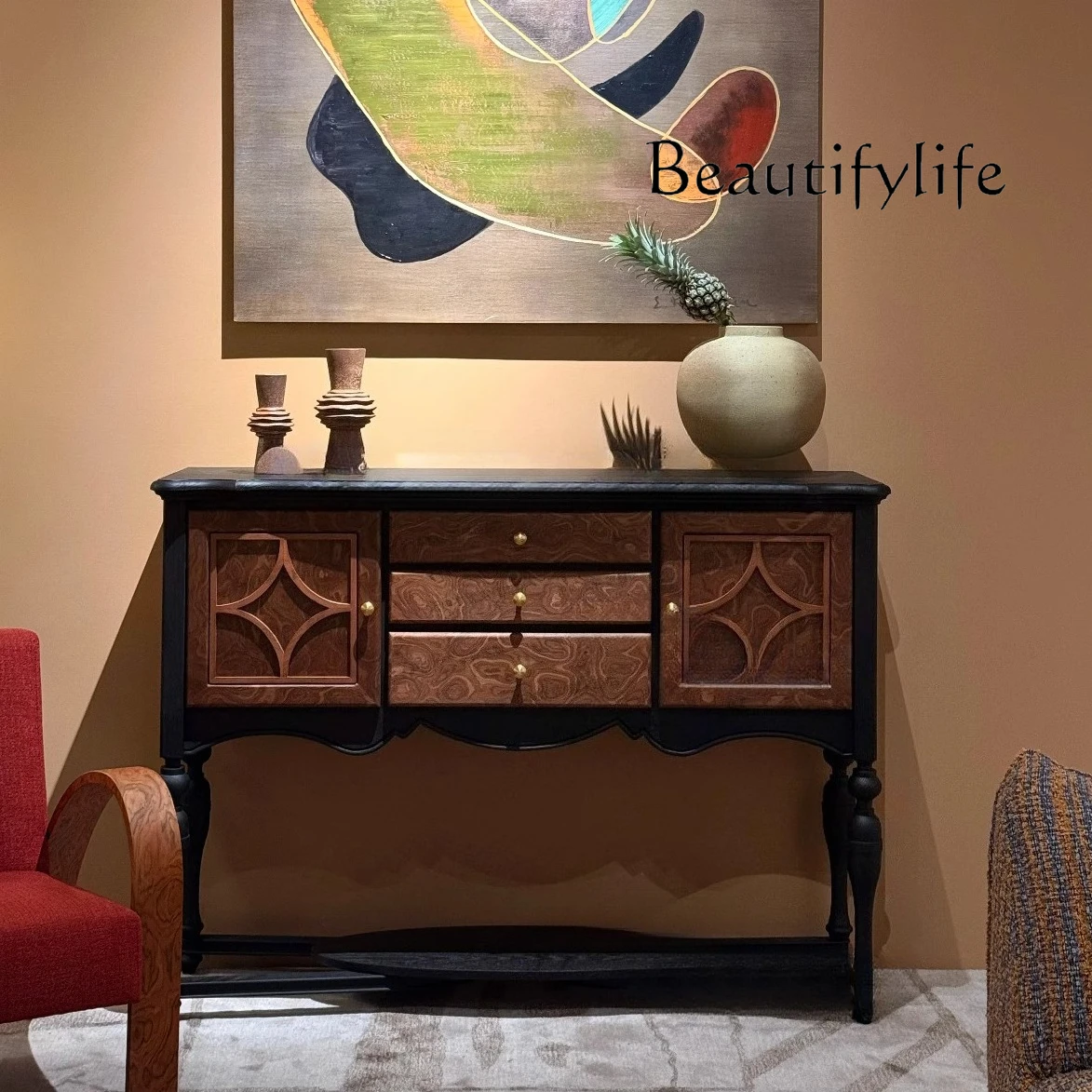 

French retro solid wood porch cabinet, living room entrance hall cabinet against the wall, designer decoration, antique dining s