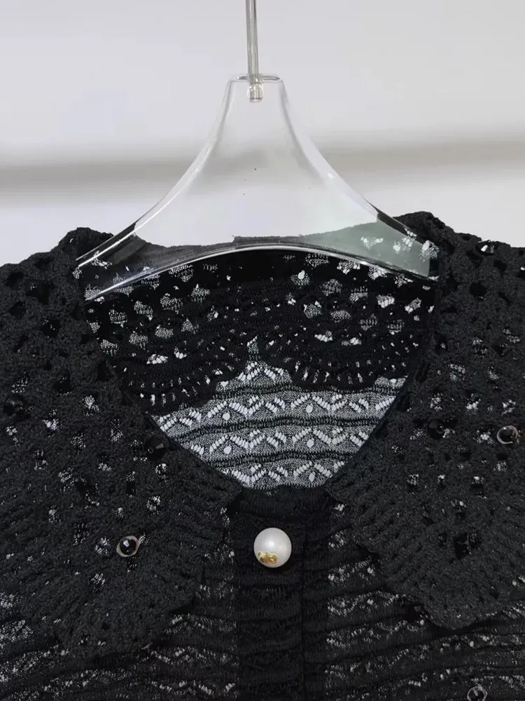 Summer Women Designer Sexy Hollow Out Shirt Lapel Collar Short Sleeve Single Breasted Cropped Tops Sweet Pearls Knitted Shirt