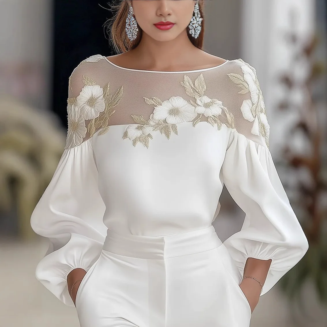 

Fashion Mesh Tops For Women 2025 Casual Long Sleeve Flower Embroidery Loose Blouse Femme