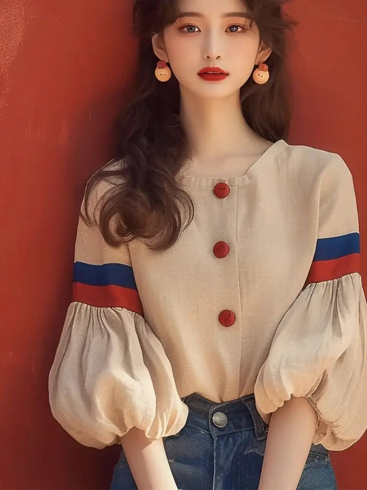 Bawełniane Bluzki Damskie Bufiaste Rękawy Retro Koszule Biurowe Codzienne Oversize
