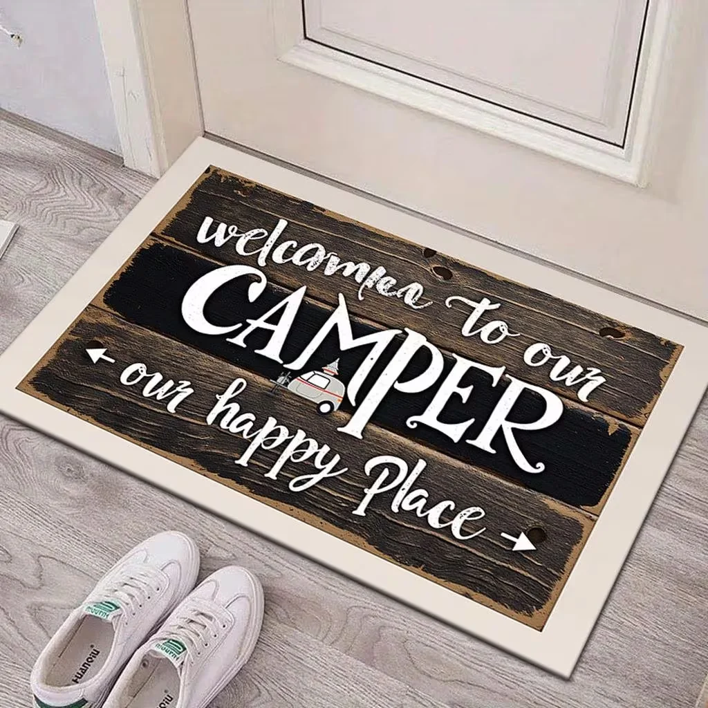 Willkommen bei unserer Camping-Wohnmobil-Willkommensmatte, dem Our Happy Place Eingangsteppich, der 2D flach bedruckten, rutschfesten, waschbaren Bodenmatte