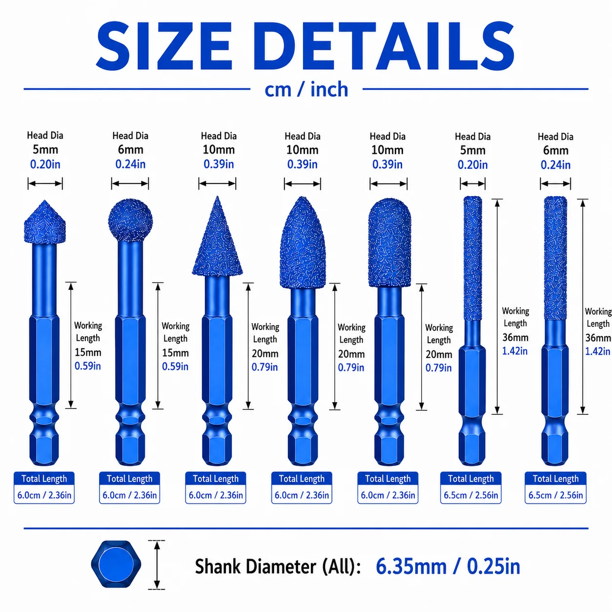 7Pcs Diamond Grinding Burrs 5-10mm, 1/4 Inch Hex Shank Diamond Carving Tools for Stone Marble Granite Ceramic Engraving