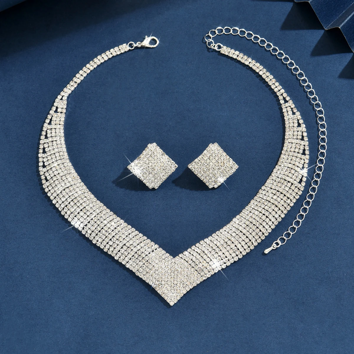 3PC Women's Fashion Geometric Diamond Necklace Earrings Jewelry Set Suitable for Wedding, Party, Festival Gifts-8540