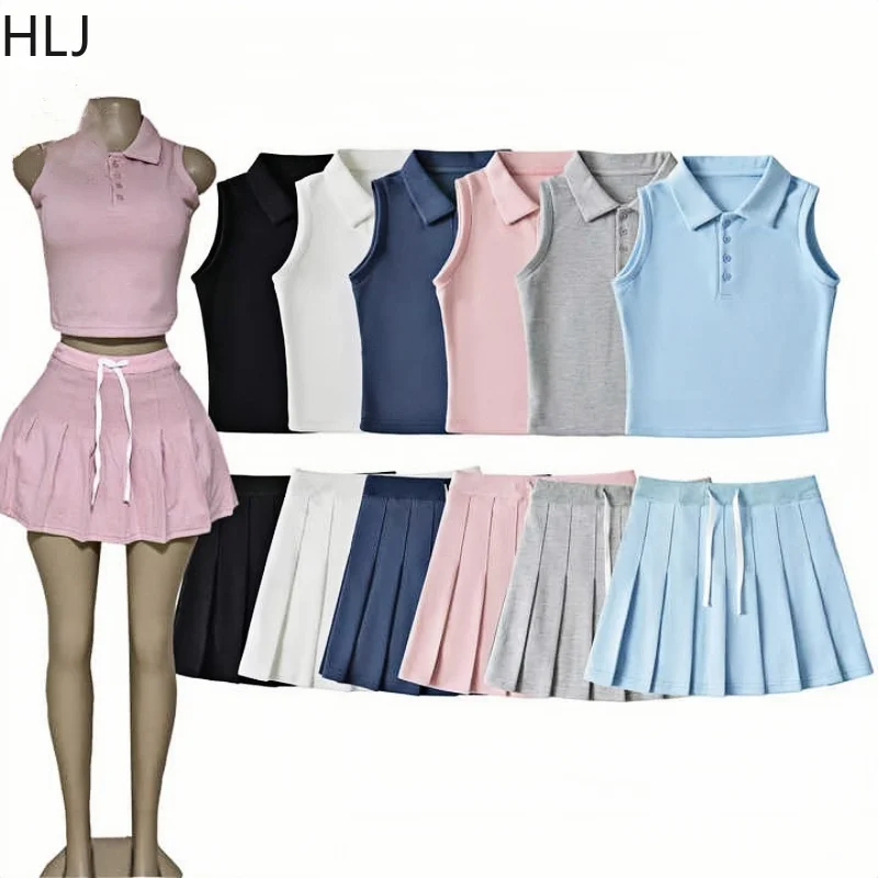 HLJ Fashion Cute Candy Color Knitting Two Piece Sets Women Polo Collar Sleeveless Tank Top And Mini Pleated Skirts Outfits 2025