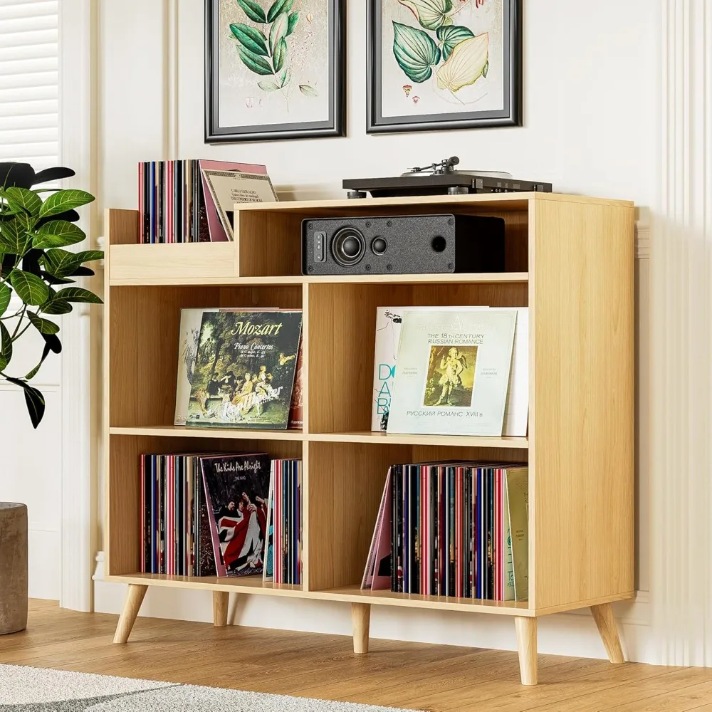 3 Tier Large Record Player Stand with Power Outlet,Vinyl Record Storage Table holds Up to 500 Albums,Mid-Century Turntable Stand