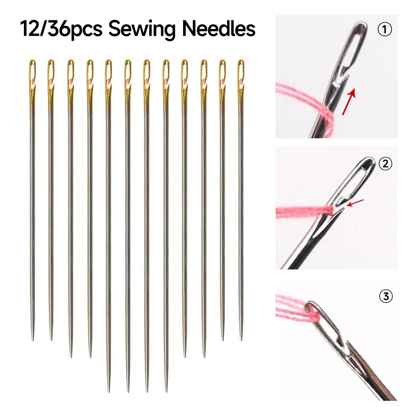 12/36PCS Blind Needle Elderly Needle Side Hole Needles Tail Side Opening Stainless Steel Hand Sewing Needles Threading