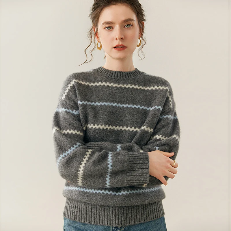 

New Chic Women 100% Cashmere Sweater O-neck Striped Jacquard Pullover Casual Loose Style Autumn Winter Thick Cashmere Knitwear