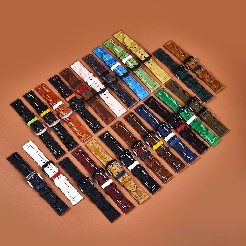 20mm22mm Redmi Huawei Samsungwatch5 Smart Watch Band Crazy Horse Top Grain Leather Strap7 Threaded Watch Strap