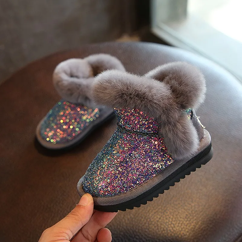

2022 Children's snow boots girls rabbit fur warm boots baby cotton sport shoes sequins genuine leather princess fashion boots