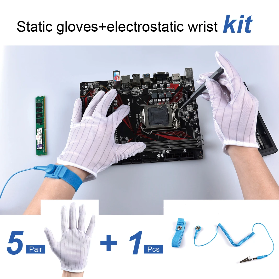 Electronic Product Maintenance Luvas antiestáticas e kit de pulso, Pulseira para reparo eletrônico, Ferramentas de trabalho