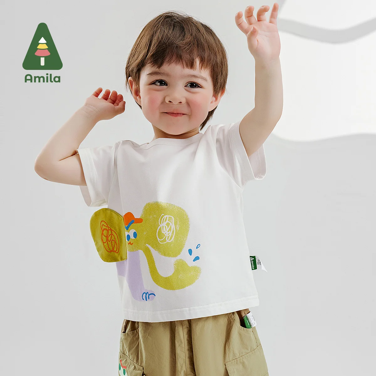 Amila Baby Girls' Top 2024 Summer New Color Elephant Series Children's Fun Printed T-shirt Breathable Skin-Friendly T-shirt 0-6Y