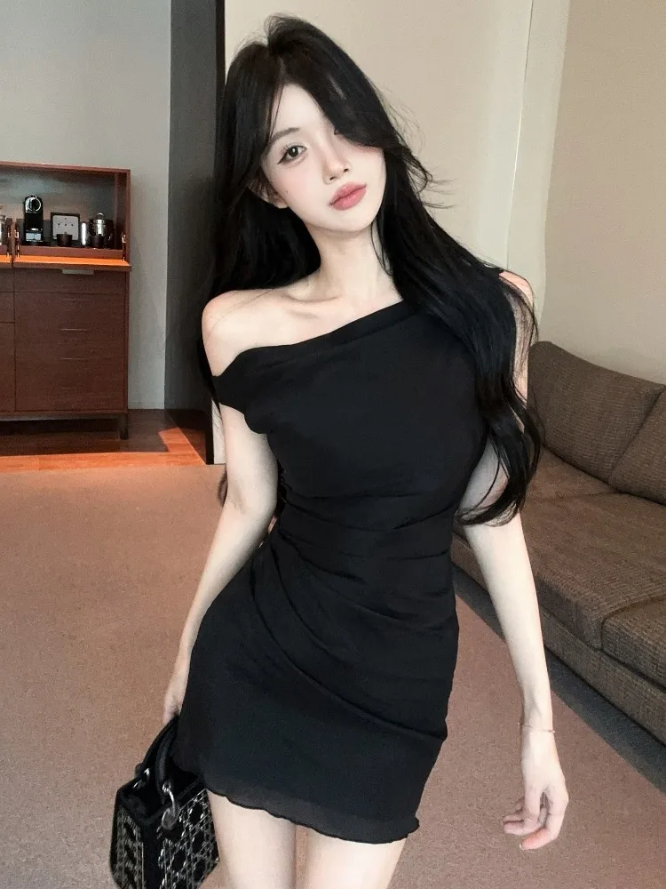 

Sexy Black Wrap around Skirt Dress Women's Unique Personality Spring Autumn Season Netting Slim Fit Shoulder Bared Dress