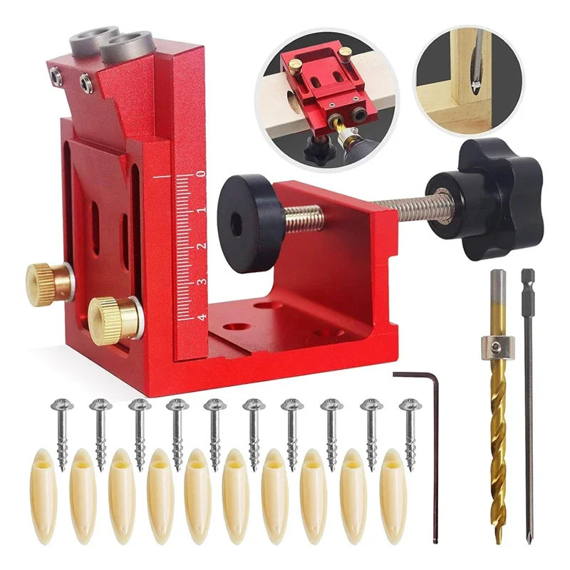 Pocket Hole Jig Kit Two Hole Wood Jig System Kit with Drill Guide and Step Drill Bit Woodworking Hole Punch Carpentry Tools