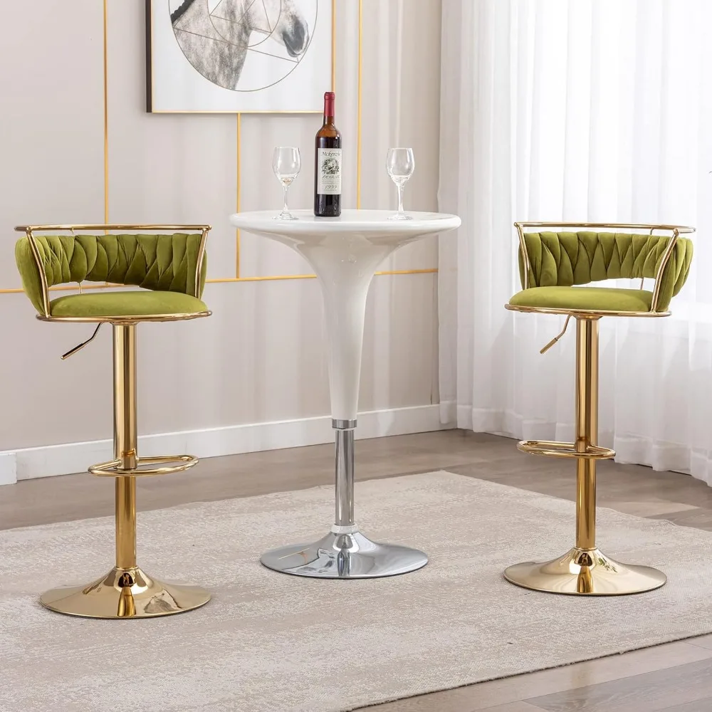 Modern Swivel Bar Stools Set of 2, Velvet Adjustable Height Barstools Low Back Kitchen Island Counter Bar Chair with Golden Base