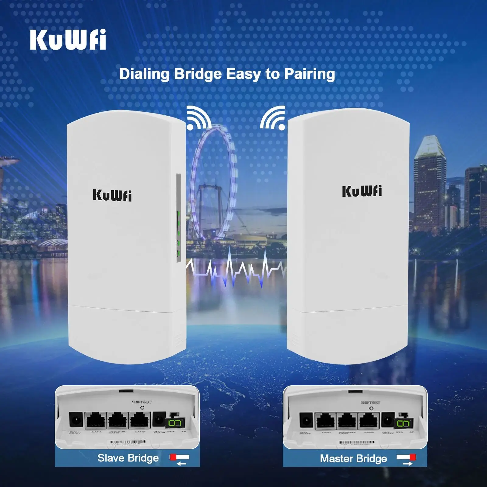 KuWFi 5.8G 300Mbps Wireless Outdoor Bridge CPE PTP 3KM Long Range with3*10/100Mbps RJ45 LAN Port 12dBi High Gain Antenna 48V PoE