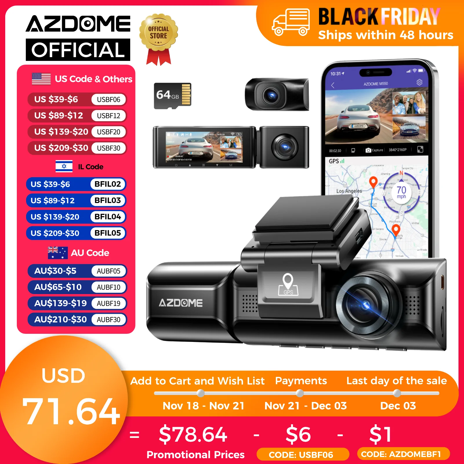 AZDOME Dash Cam M550 4K+1080P Built-in GPS WiFi Car Dash Camera Front Inside Rear 3 Way IR Night Vision Car DVR Support Rear Cam