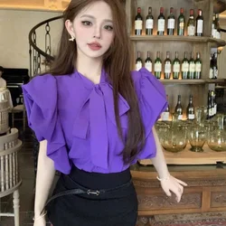 Temperament Bow Drawstring Fashion Elegant Purple Short Sleeved Shirt Summer Original Design Sexy Casual Solid Color Women's Top