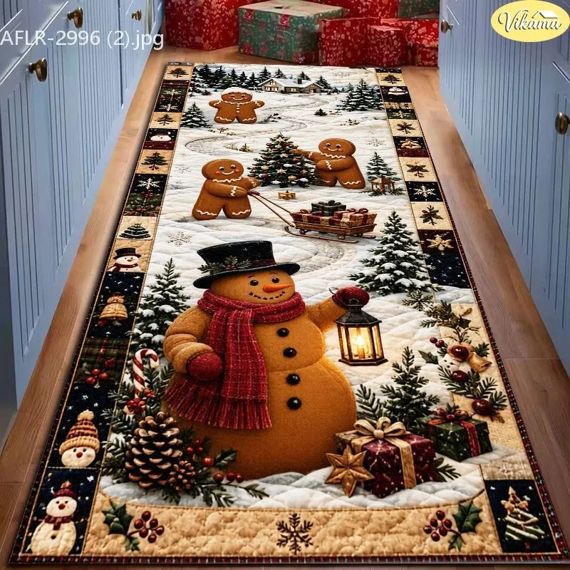 VIKAMA Christmas Runner Rug, Snowmen & Village, Poinsettia Bells, Festive Printed, Soft Durable, Kitchen Bedroom Decor