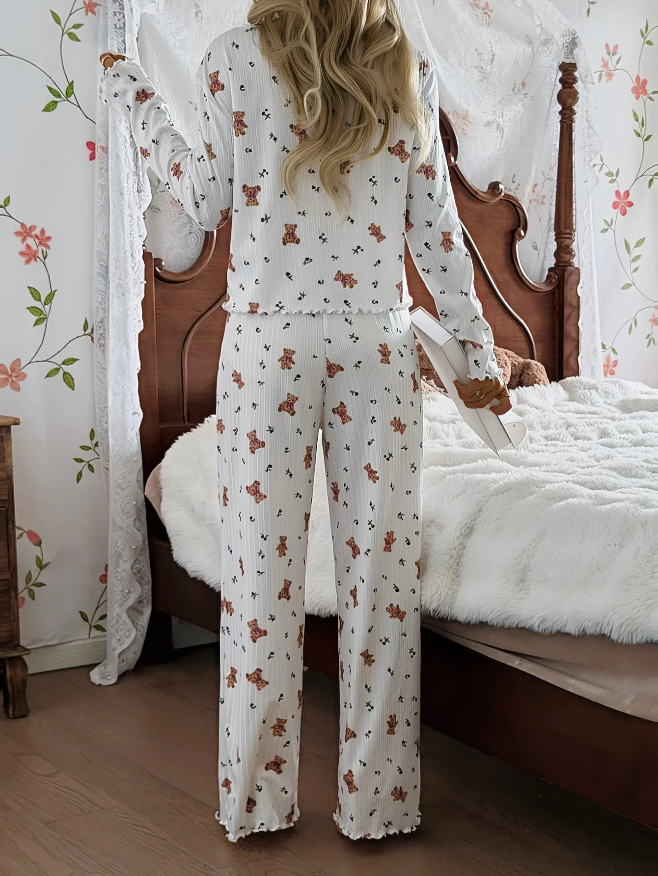 Cute Bear Print Pajamas Set for Women Ruffle Trim Button Cardigan Long Sleeve Top Pants Soft Ribbed Homewear