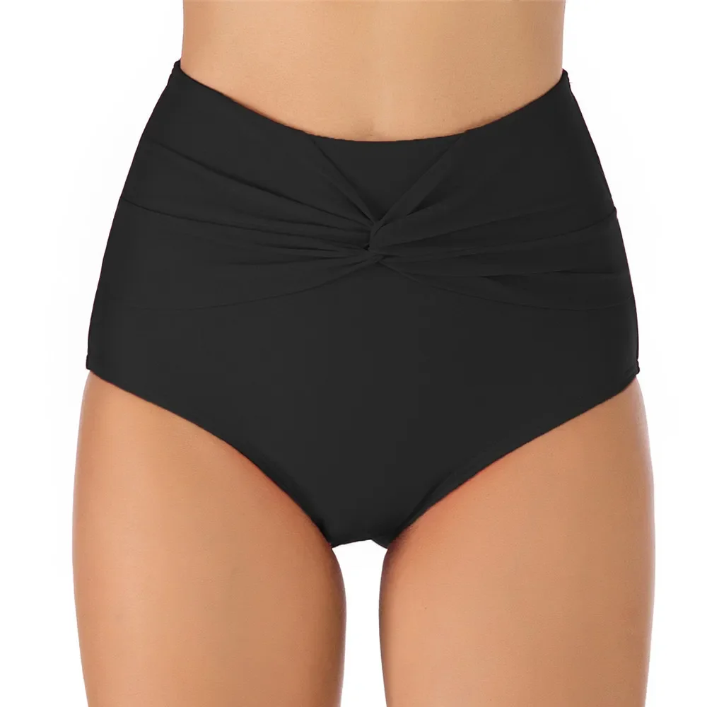 New Bikinis Bottom Women's Swim Trunks High Waist Swim Bikini Bottoms Ruched Solid Front Twist Bathing Shorts Biquini 2XL Briefs