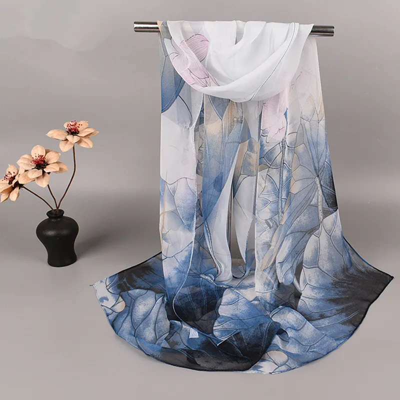 Fashion Spring Summer Women Floral Printing Beach Silk Scarf Shawls Female Long Wraps Beach Sunscreen Hijab Lotus Pattern - view 5