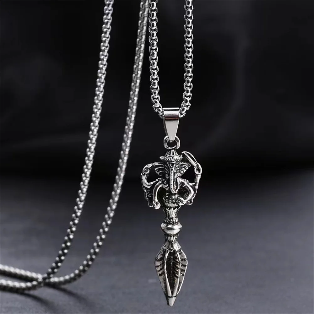 Tibetan Buddhist Vajra Pendant Necklace Titanium Steel Om Mani Padme Hum Charm with Crystal Accents Spiritual Warrior Jewelry