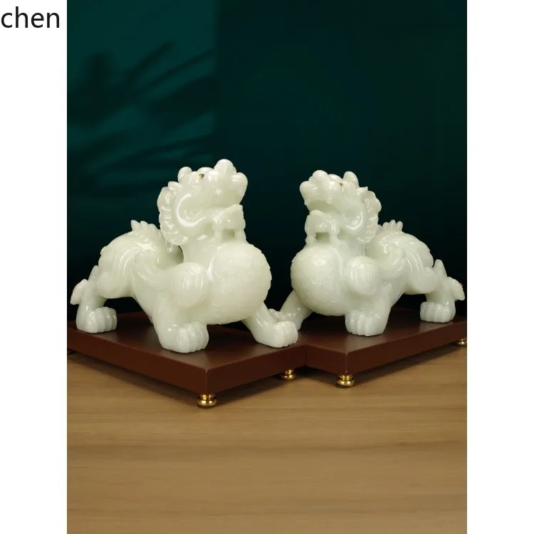 CZ Jade Pixiu Figurines for Attracting Wealth, a Pair for Office Desk, Company Opening, Good Fortune and Prosperous Business