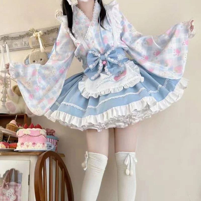 Sweet Lolita 3 Pieces Set Women Y2k Aesthetic Cartoon Print Lace Patch Tops + Kawaii Slim Ruffle Skirts+Bow Apron Girl Cute Suit