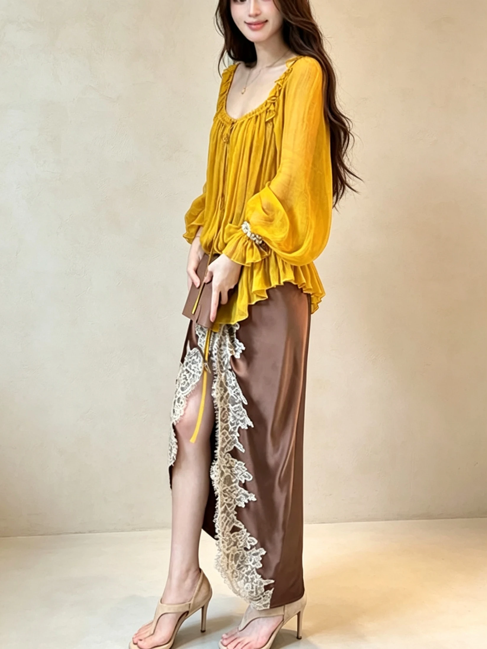 Lace Splicing Design Adjustable Length Open Split Gentle Mid-Length Women's Skirt Commute Style High Waist A-Line Skirt