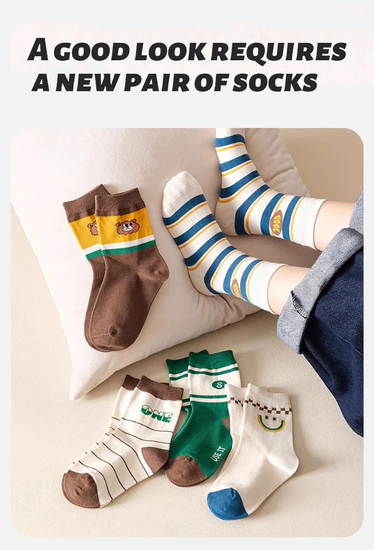 5 Paar Kinder-Kniestrümpfe für den Herbst, Cartoon-Muster, gestreift, weich, atmungsaktiv, für Jungen und Mädchen, lässiges Kindersocken-Set – Detail 2