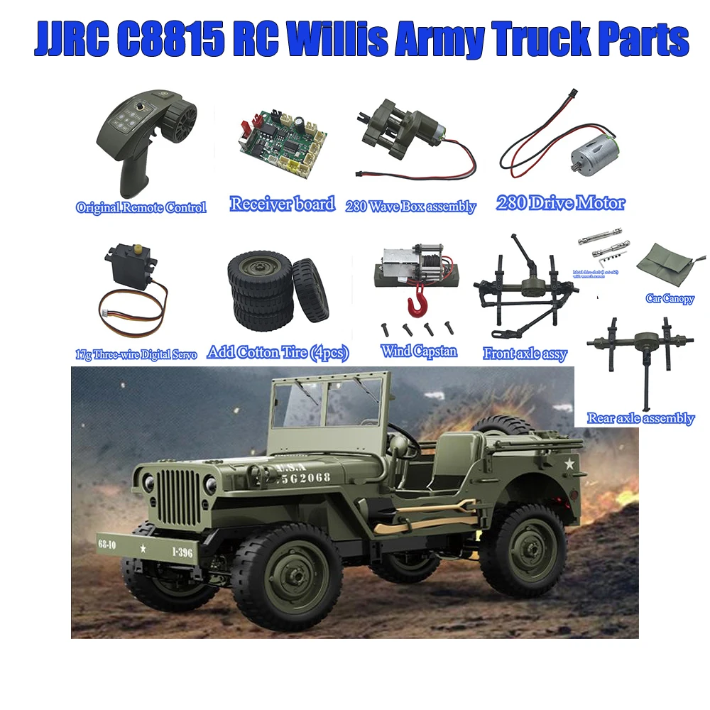 Jjrc c8815 rc willis peças de caminhão do exército, placa de recepção, caixa de onda do motor do pneu, ponte de cabestan de vento, modificação do eixo de transmissão de metal