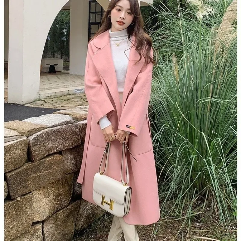 Popular Autumn Winter Reversible Double Face Pure Color Relaxation Coat Women Loose Wool Autumn Coat Mid Length Jacket