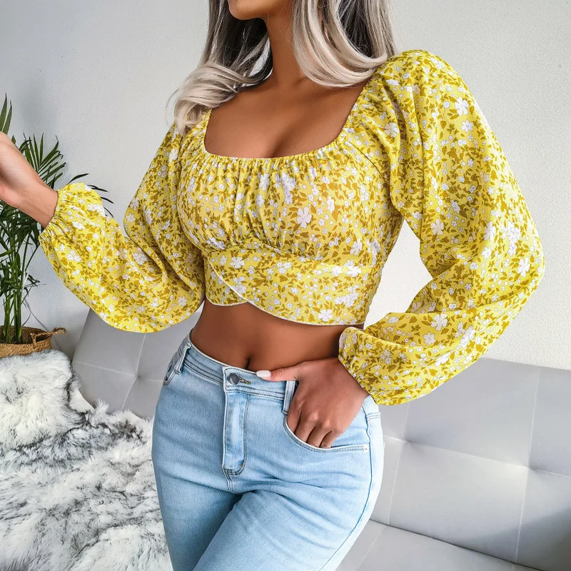 

Lantern Sleeve Floral Chiffon Short Shirt Traveling Holiday Crop Tops Women Square Collar Print Blouses Backless Bow Sexy Shirts