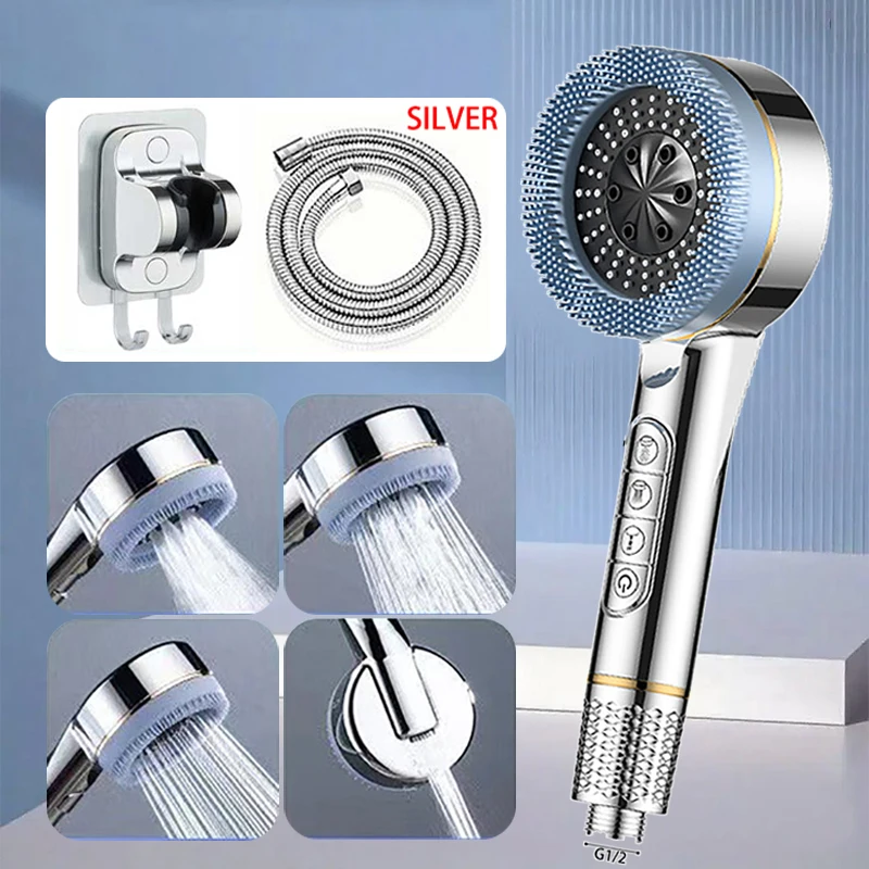 

Water Massage Shower Head with One-Key Stop 4 Modes High Pressure Shower Head with Hose Large Outlet Spray Bathroom Accessories
