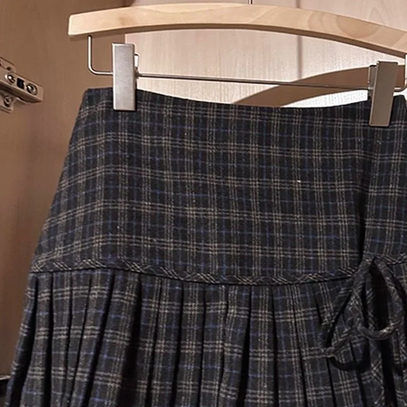 Kimutomo Mini Skirts Women Autumn Winter Vintage Preppy Style Plaid Culottes High Waist Sweet Grunge Y2k Aesthetic Pleated Skirt
