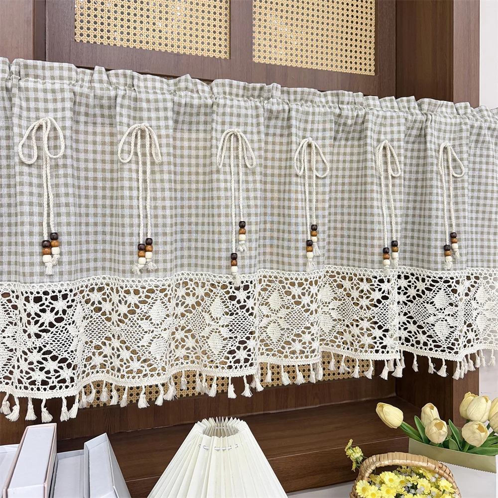 Gingham Short Curtain, Crochet Lace Tassel Wooden Bead Tie-Up Valance Rod Pocket Farmhouse Kitchen Window Decor