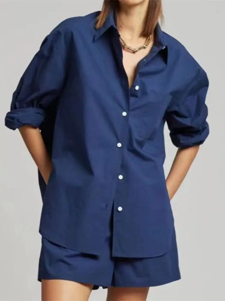 

Women's solid color casual shirt long sleeve lapel fashionable simple trendy top