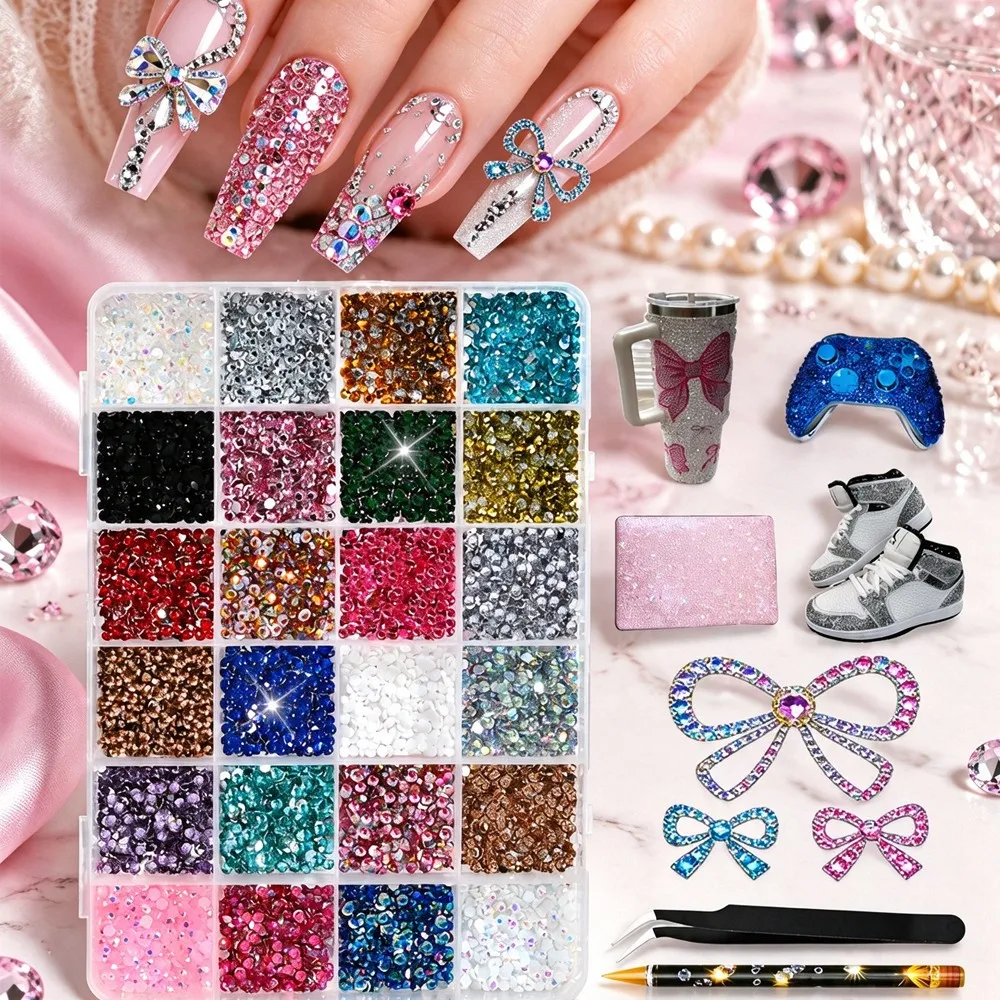 24Grids Multi Color Rhinestones Nail Art Charms Flatback Round Crystal Gems Mixed Nail Rhinestones with Pick Up Pen & Tweezers