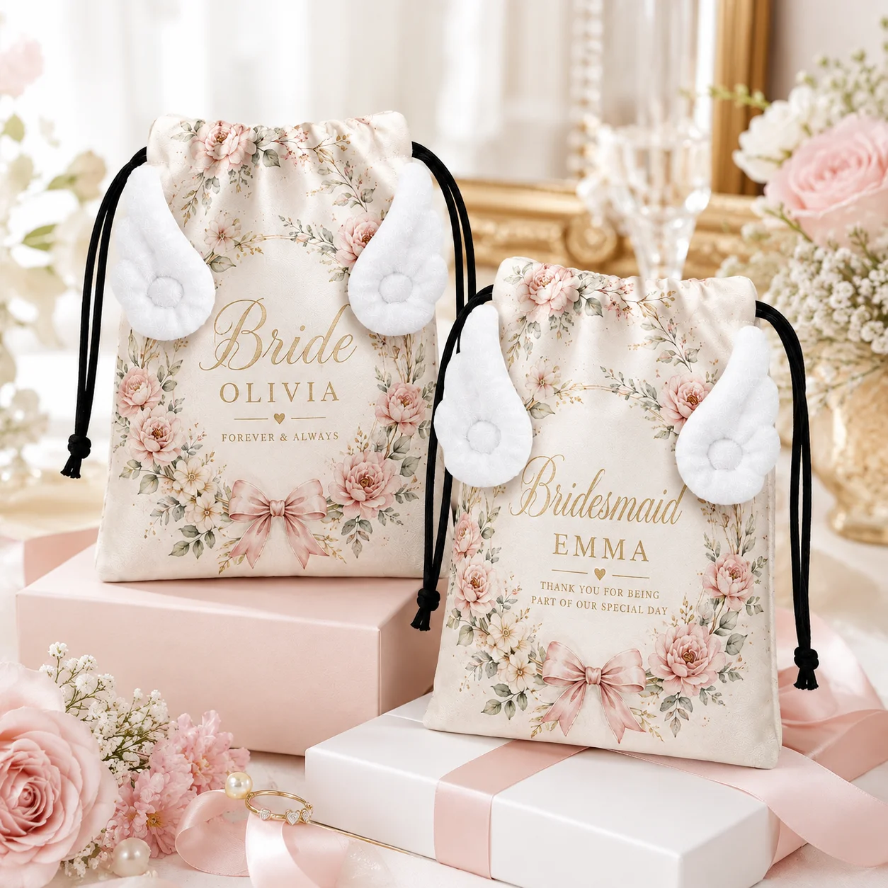 Custom Drawstring Bag Personalized Drawstring Backpack With Plush Wings Printed Name Pongee Fabric Pouch For Birthday Showers