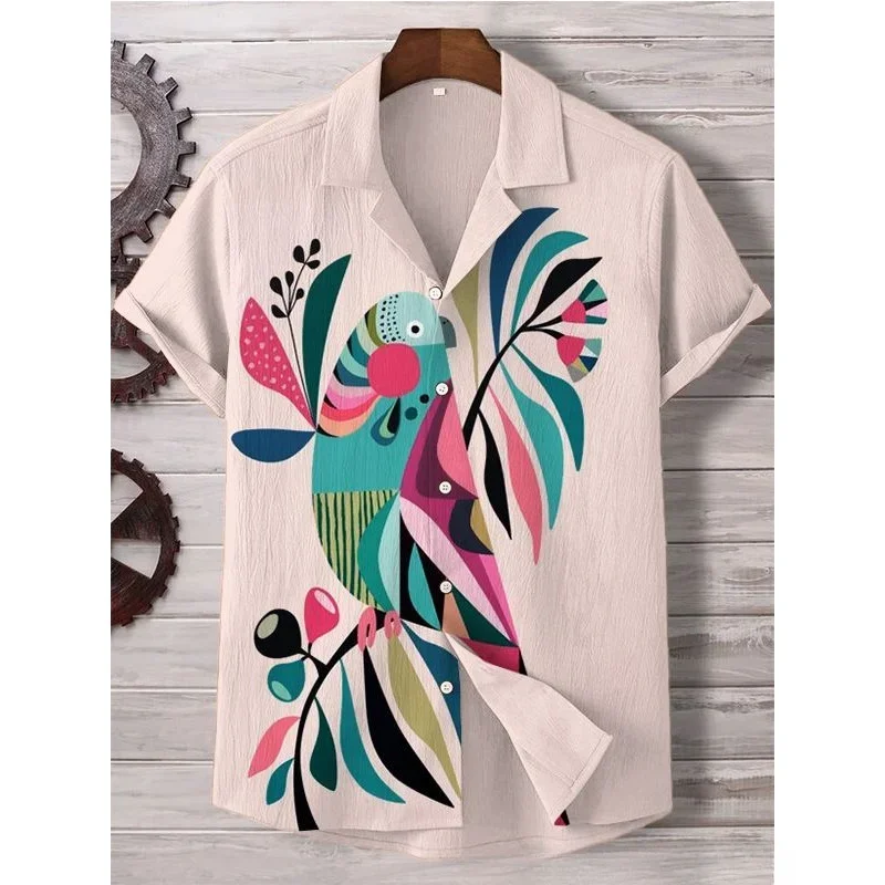 Men's Indian Folk Bird Tree Art Printed Linen Blend Shirt Harajuku Cool Streetwear Hipster Button Down Shirts Vintage Clothing